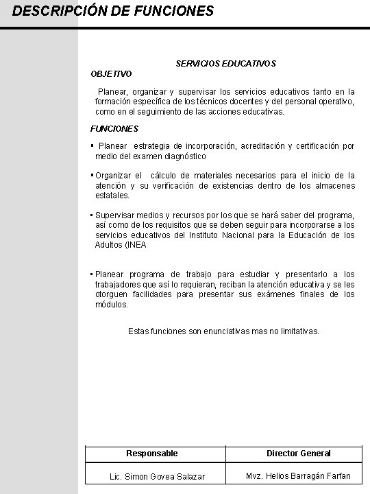 DESCRIPCIÓN DE FUNCIONES SERVICIOS EDUCATIVOS OBJETIVO Planear, organizar y supervisar los servicios educativos tanto
