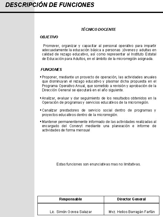 DESCRIPCIÓN DE FUNCIONES TÉCNICO DOCENTE OBJETIVO Promover, organizar y capacitar al personal operativo para