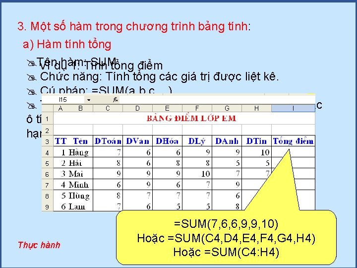 3. Một số hàm trong chương trình bảng tính: a) Hàm tính tổng Tên