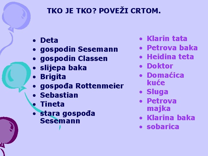 TKO JE TKO? POVEŽI CRTOM. • • • Deta gospodin Sesemann gospodin Classen slijepa