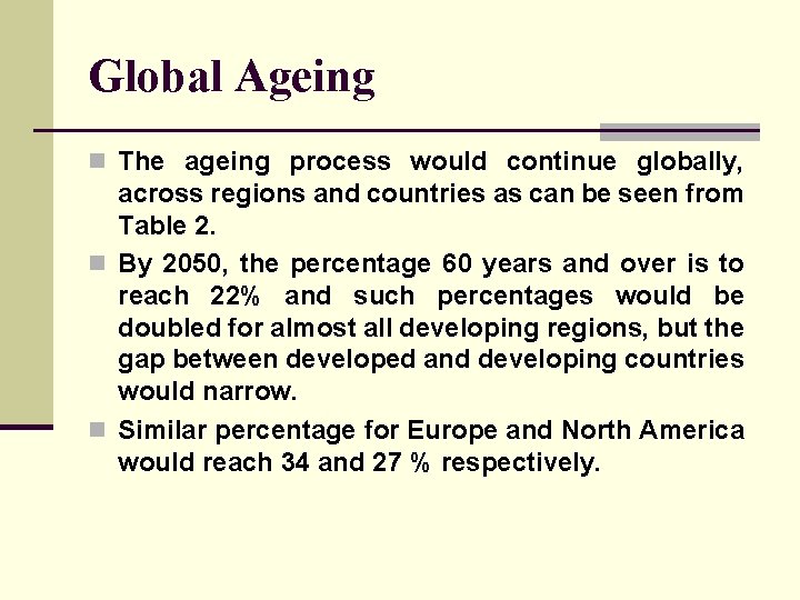 Global Ageing n The ageing process would continue globally, across regions and countries as