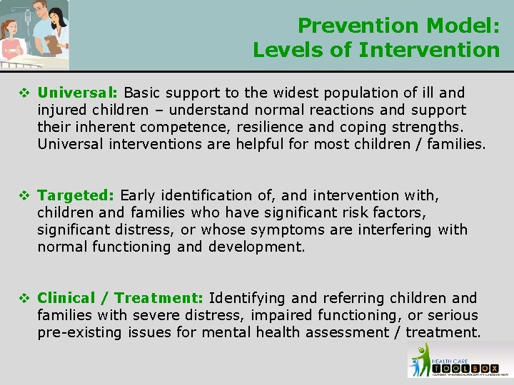 Prevention Model: Levels of Intervention v Universal: Basic support to the widest population of