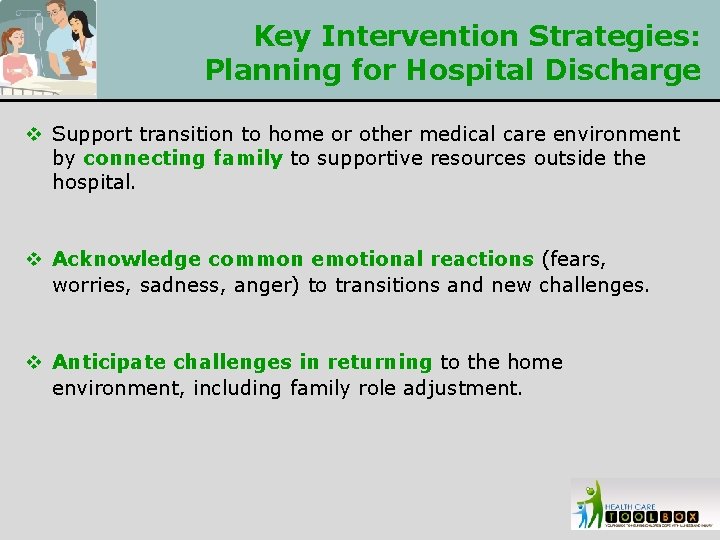 Key Intervention Strategies: Planning for Hospital Discharge v Support transition to home or other