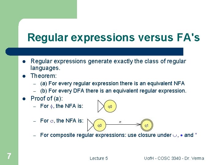 Regular expressions versus FA's l l Regular expressions generate exactly the class of regular