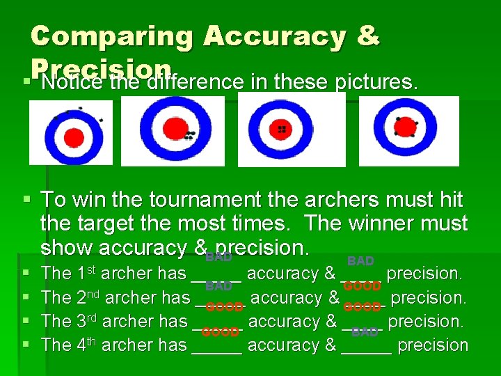 Comparing Accuracy & §Precision Notice the difference in these pictures. § To win the