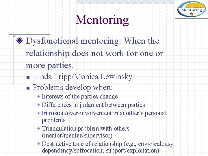 Mentoring Dysfunctional mentoring: When the relationship does not work for one or more parties.