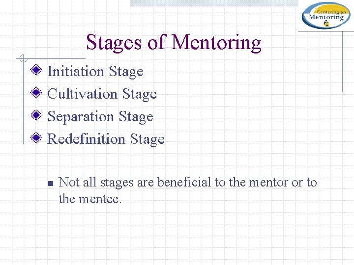 Stages of Mentoring Initiation Stage Cultivation Stage Separation Stage Redefinition Stage n Not all