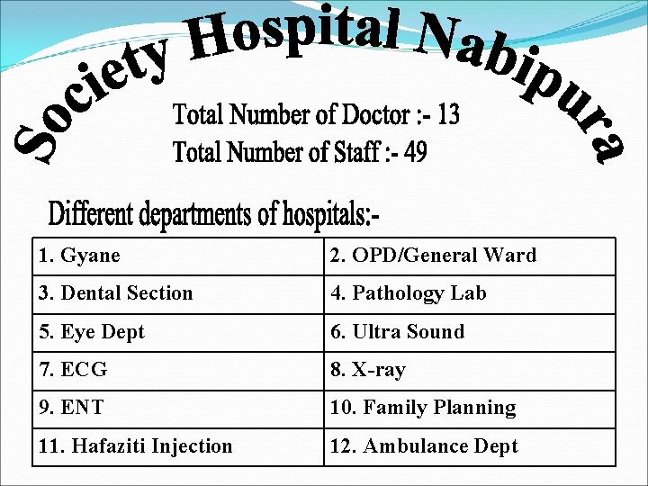 1. Gyane 2. OPD/General Ward 3. Dental Section 4. Pathology Lab 5. Eye Dept