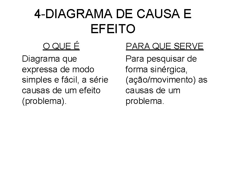 4 -DIAGRAMA DE CAUSA E EFEITO O QUE É Diagrama que expressa de modo