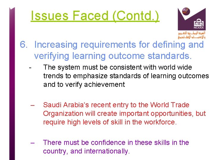 Issues Faced (Contd. ) 6. Increasing requirements for defining and verifying learning outcome standards.