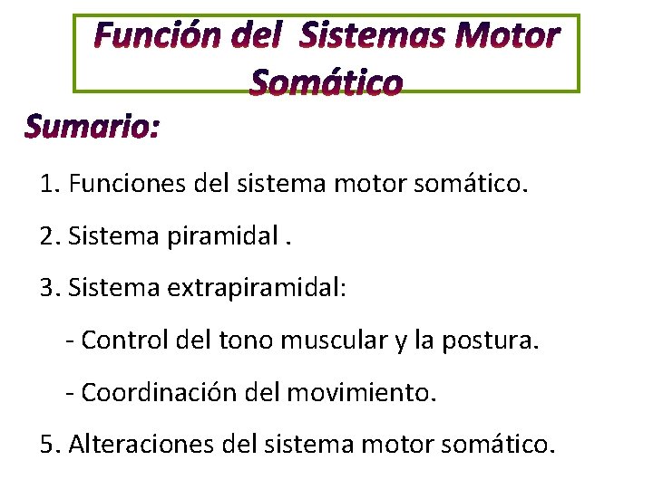 Función del Sistemas Motor Somático Sumario: 1. Funciones del sistema motor somático. 2. Sistema Función del Sistemas Motor Somático Sumario: 1. Funciones del sistema motor somático. 2. Sistema