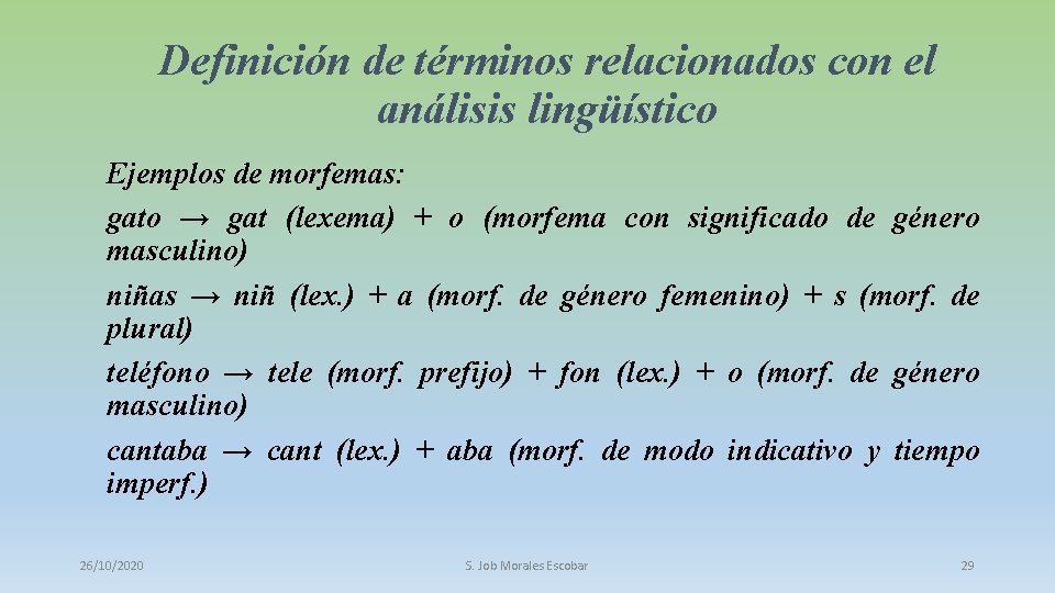 Definición de términos relacionados con el análisis lingüístico Ejemplos de morfemas: gato → gat