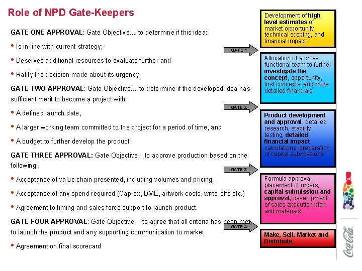 Role of NPD Gate-Keepers Development of high level estimates of market opportunity, technical scoping,