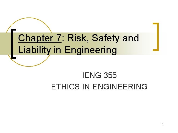 Chapter 7: Risk, Safety and Liability in Engineering IENG 355 ETHICS IN ENGINEERING 1