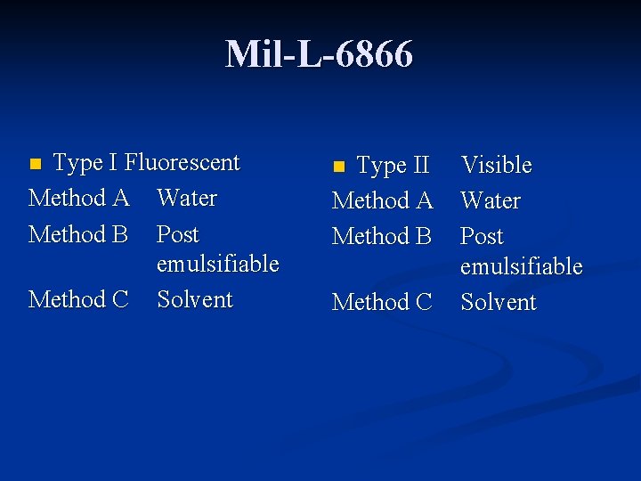 Mil-L-6866 Type I Fluorescent Method A Water Method B Post emulsifiable Method C Solvent