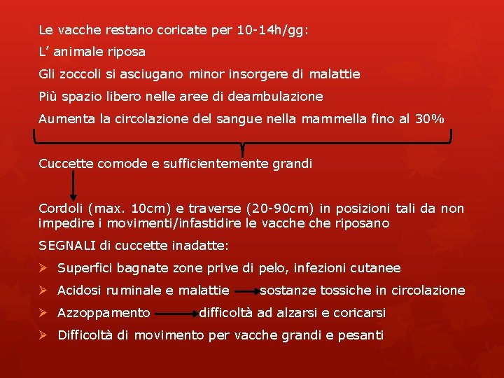 Le vacche restano coricate per 10 -14 h/gg: L’ animale riposa Gli zoccoli si Le vacche restano coricate per 10 -14 h/gg: L’ animale riposa Gli zoccoli si