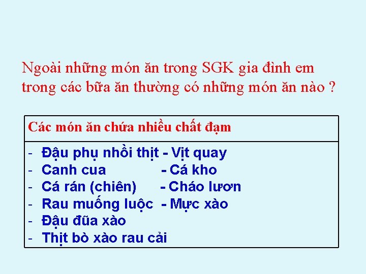 Ngoài những món ăn trong SGK gia đình em trong các bữa ăn thường