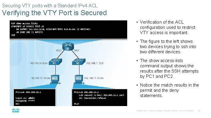 Securing VTY ports with a Standard IPv 4 ACL Verifying the VTY Port is