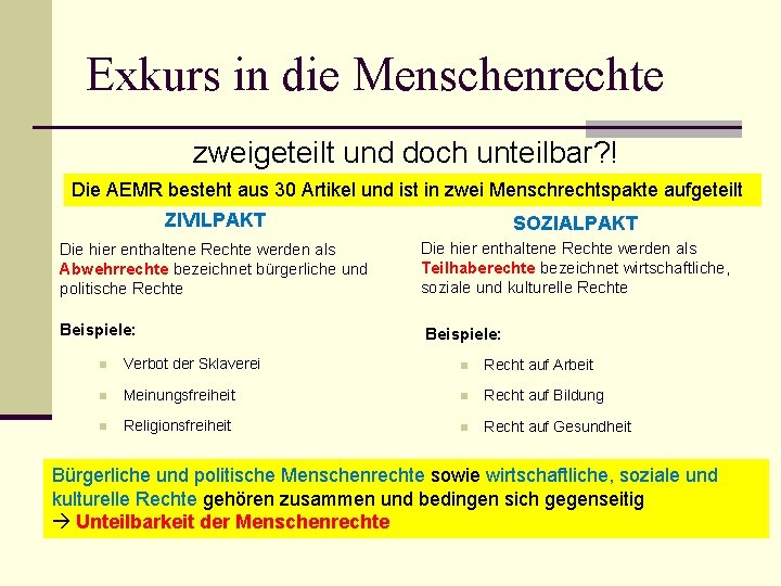 Exkurs in die Menschenrechte zweigeteilt und doch unteilbar? ! Die AEMR besteht aus 30