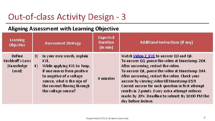 Out-of-class Activity Design - 3 Aligning Assessment with Learning Objective Define 3) Kirchhoff's Laws