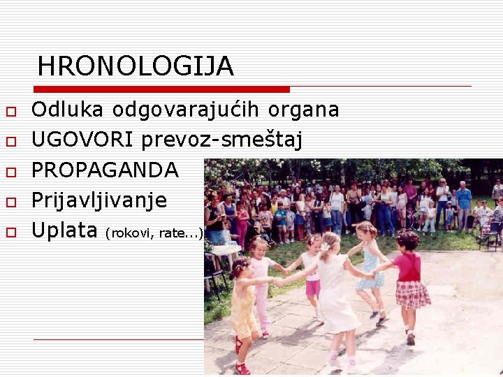 HRONOLOGIJA o o o Odluka odgovarajućih organa UGOVORI prevoz-smeštaj PROPAGANDA Prijavljivanje Uplata (rokovi, rate.