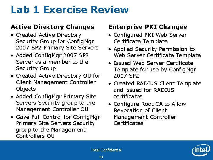 Lab 1 Exercise Review Active Directory Changes Enterprise PKI Changes • Created Active Directory