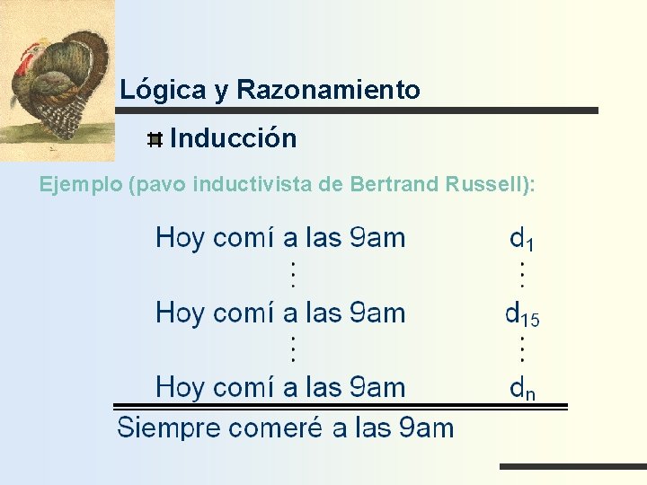 Lógica y Razonamiento Inducción Ejemplo (pavo inductivista de Bertrand Russell): 