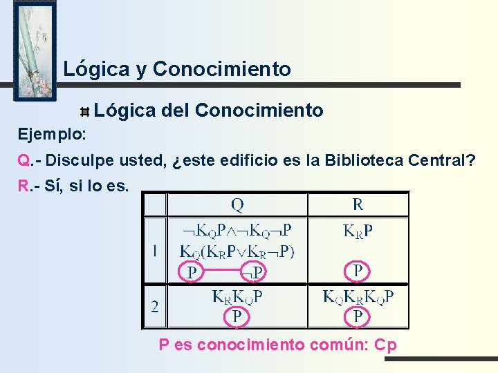 Lógica y Conocimiento Lógica del Conocimiento Ejemplo: Q. - Disculpe usted, ¿este edificio es