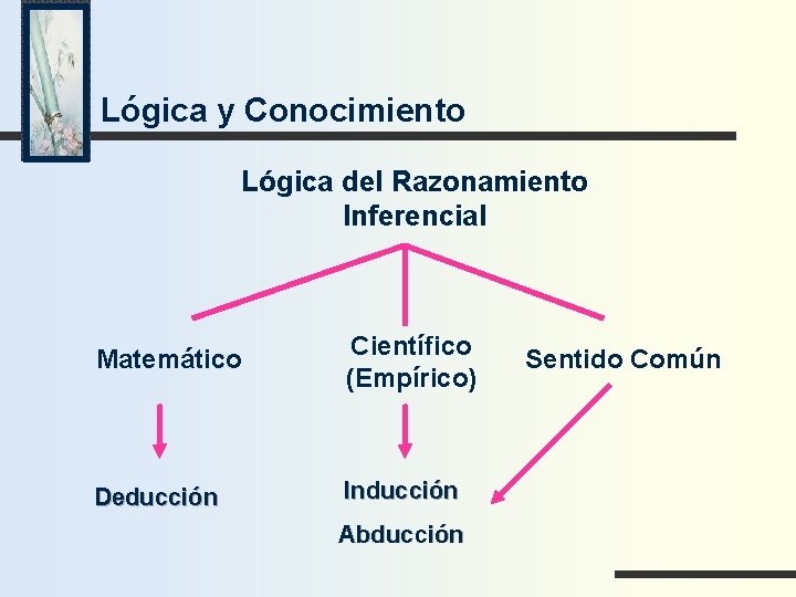 Lógica y Conocimiento Lógica del Razonamiento Inferencial Matemático Científico (Empírico) Deducción Inducción Abducción Sentido