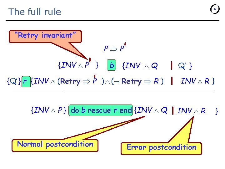 The full rule “Retry invariant” ‘ ‘ P P {INV P } ‘ b