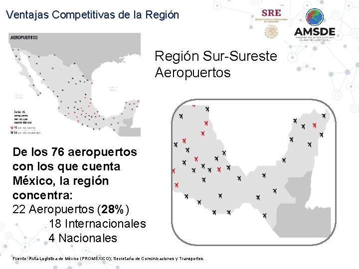 Ventajas Competitivas de la Región Sur-Sureste Aeropuertos De los 76 aeropuertos con los que