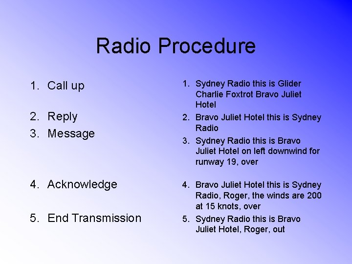 Radio Procedure 1. Call up 2. Reply 3. Message 4. Acknowledge 5. End Transmission