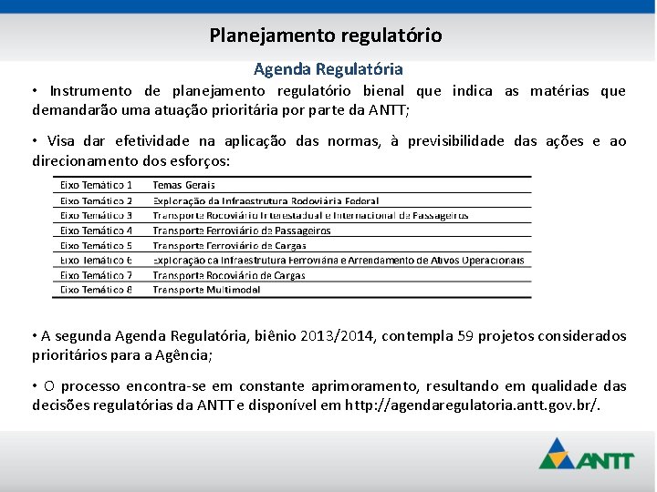 Planejamento regulatório Agenda Regulatória • Instrumento de planejamento regulatório bienal que indica as matérias