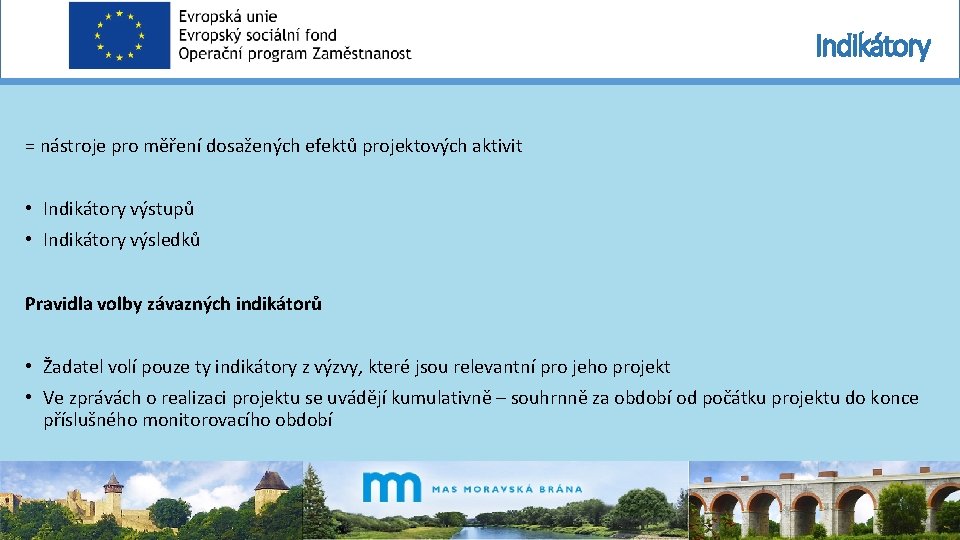 Indikátory = nástroje pro měření dosažených efektů projektových aktivit • Indikátory výstupů • Indikátory