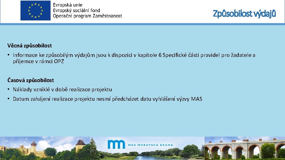 Způsobilost výdajů Věcná způsobilost • Informace ke způsobilým výdajům jsou k dispozici v kapitole