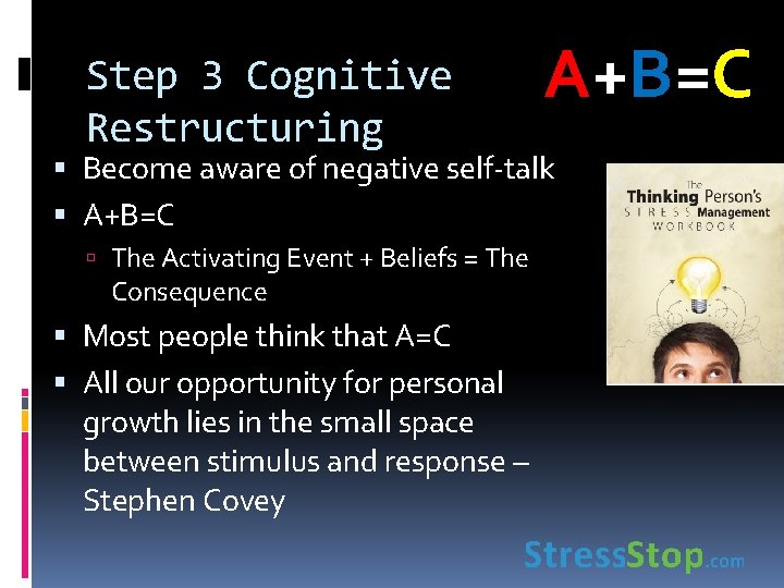Step 3 Cognitive Restructuring A+B=C Become aware of negative self-talk A+B=C The Activating Event