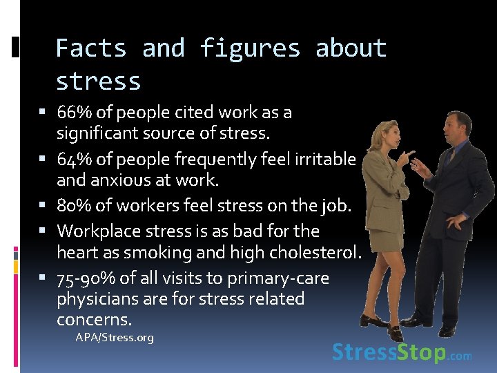 Facts and figures about stress 66% of people cited work as a significant source