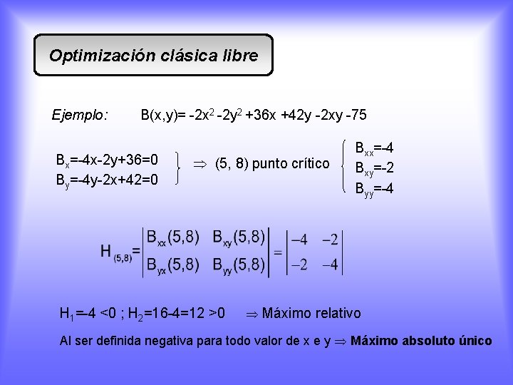 Optimización clásica libre Ejemplo: B(x, y)= -2 x 2 -2 y 2 +36 x