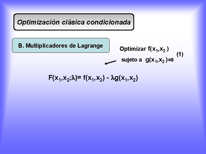 Optimización clásica condicionada B. Multiplicadores de Lagrange Optimizar f(x 1, x 2 ) sujeto