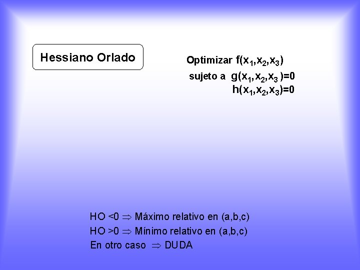 Hessiano Orlado Optimizar f(x 1, x 2, x 3) sujeto a g(x 1, x
