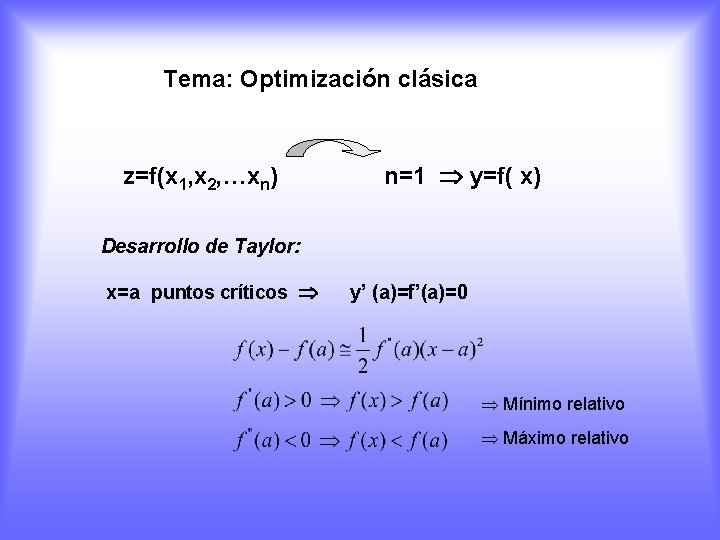 Tema: Optimización clásica z=f(x 1, x 2, …xn) n=1 y=f( x) Desarrollo de Taylor: