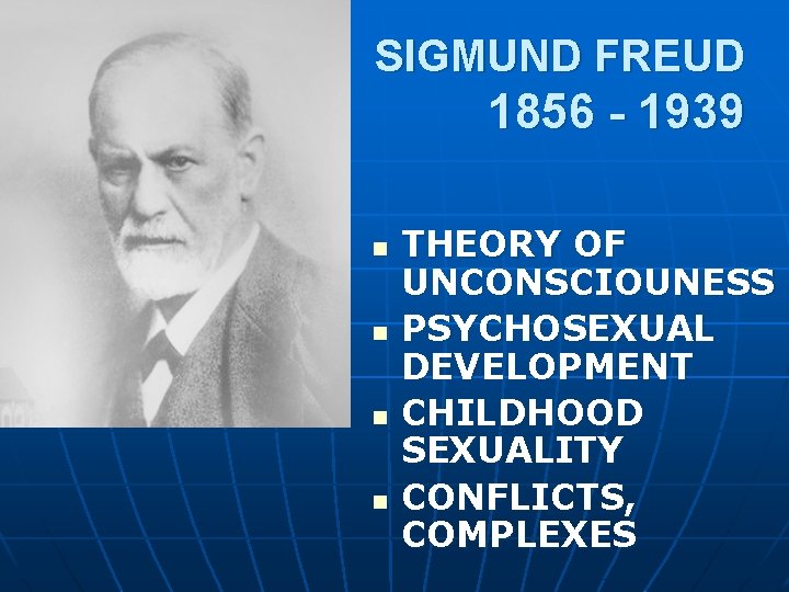 SIGMUND FREUD 1856 - 1939 n n THEORY OF UNCONSCIOUNESS PSYCHOSEXUAL DEVELOPMENT CHILDHOOD SEXUALITY SIGMUND FREUD 1856 - 1939 n n THEORY OF UNCONSCIOUNESS PSYCHOSEXUAL DEVELOPMENT CHILDHOOD SEXUALITY