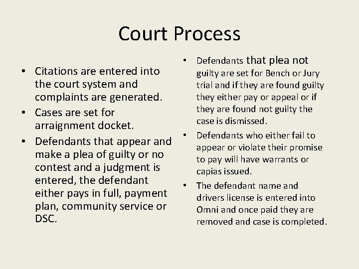 Court Process • Citations are entered into the court system and complaints are generated.