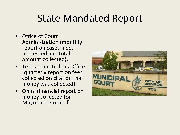 State Mandated Report • Office of Court Administration (monthly report on cases filed, processed
