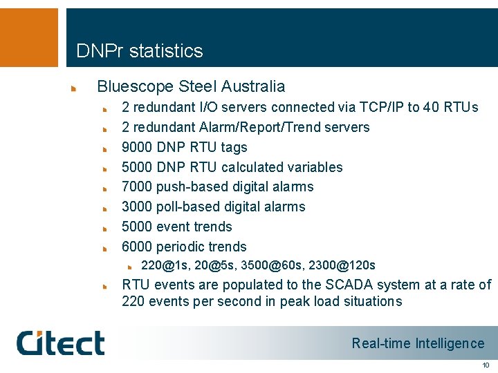 DNPr statistics Bluescope Steel Australia 2 redundant I/O servers connected via TCP/IP to 40