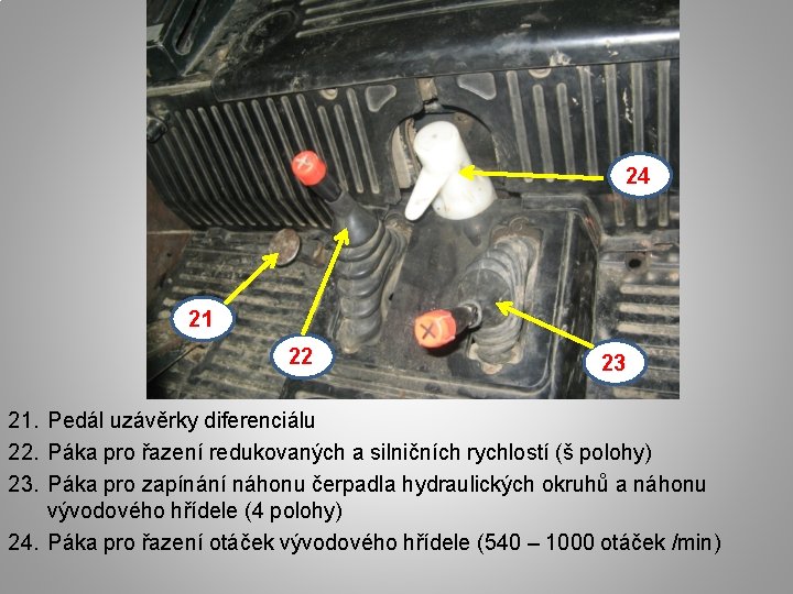 24 21 22 23 21. Pedál uzávěrky diferenciálu 22. Páka pro řazení redukovaných a