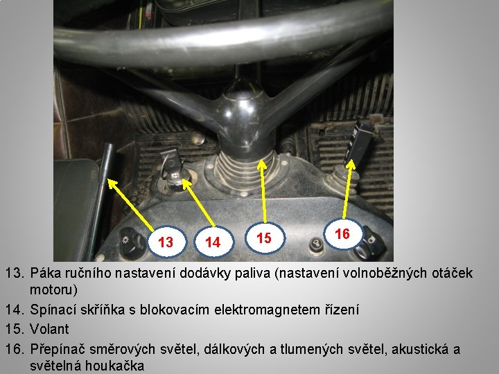 13 14 15 16 13. Páka ručního nastavení dodávky paliva (nastavení volnoběžných otáček motoru)