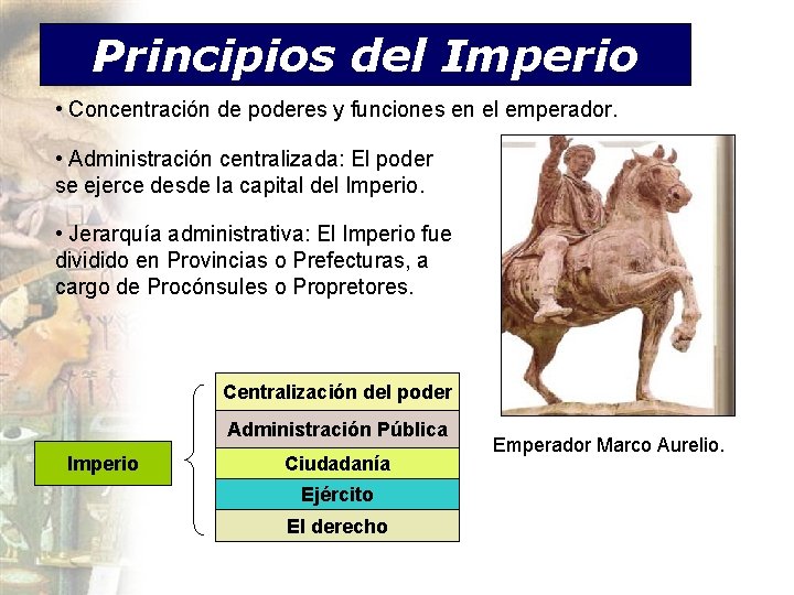 Principios del Imperio • Concentración de poderes y funciones en el emperador. • Administración