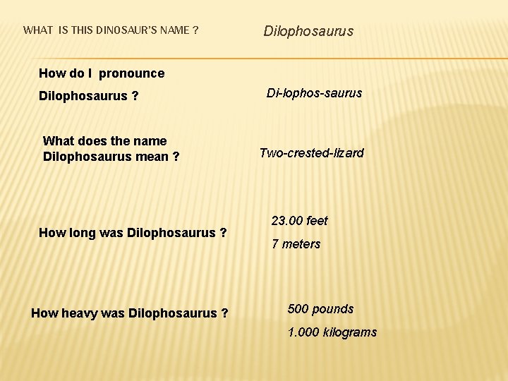 WHAT IS THIS DINOSAUR’S NAME ? Dilophosaurus How do I pronounce Dilophosaurus ? What