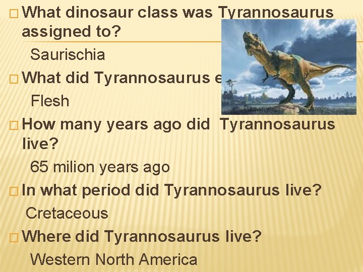 � What dinosaur class was Tyrannosaurus assigned to? Saurischia � What did Tyrannosaurus eat?